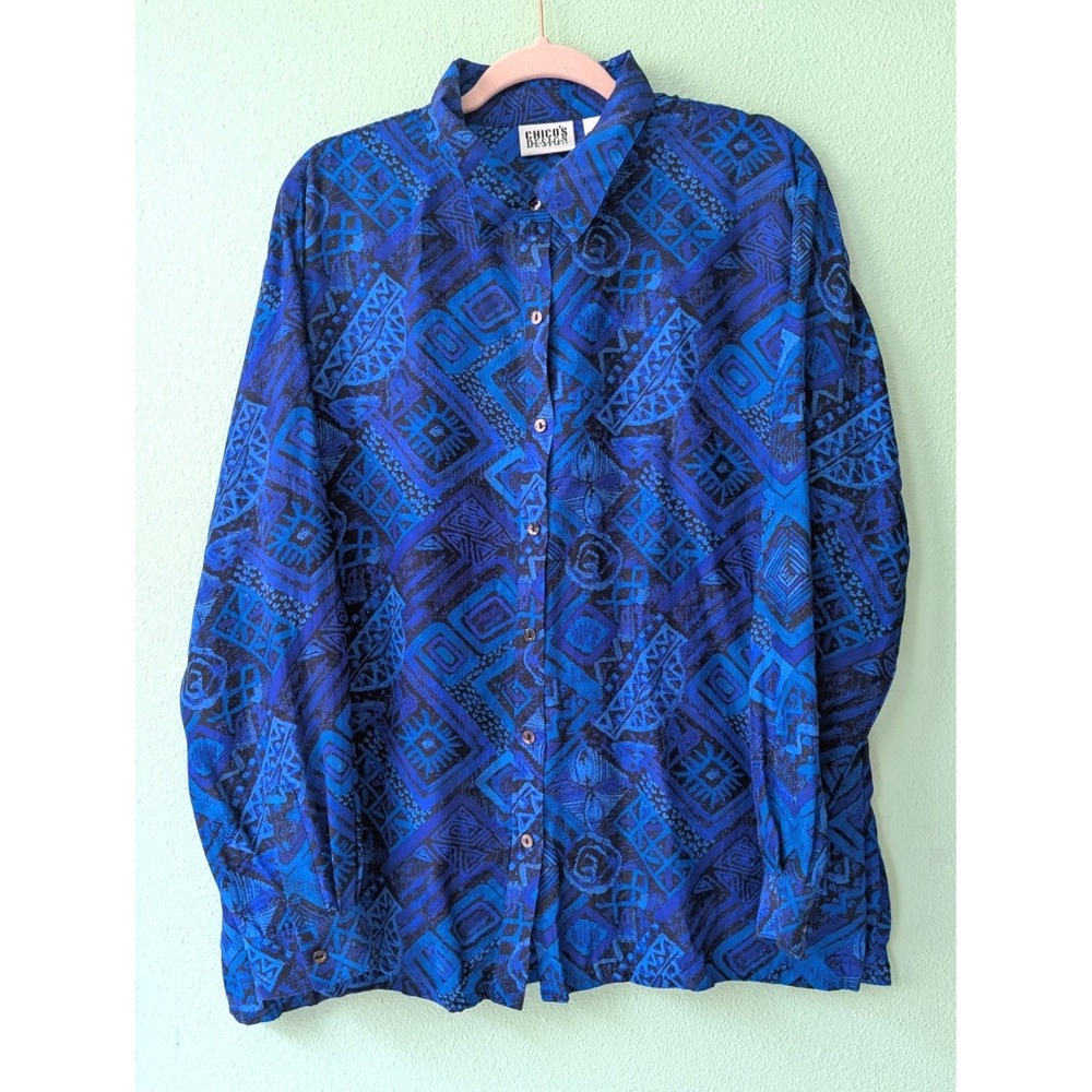 Chicos Vintage 90s 100% Silk Blue Geometric Blouse Chinese Knot Jacquard 3 L
